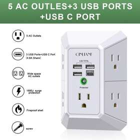 Qinlianf 445016345340 Surge Protector With 5 Outlet Extender And 4 Usb Charging Ports White