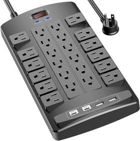 Pw-902 Qinlianf Power Strip Surge Protector - 6ft Flat Plug 24 Outlets 4 Usb Ports 1875w Bla