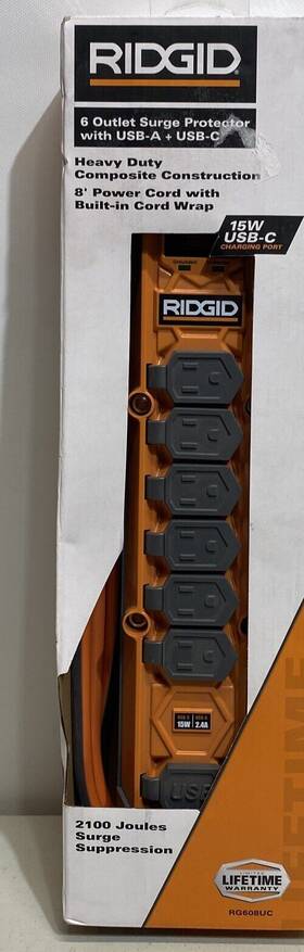 Rg608uc Ridgid 8ft Cord Surge Protector With 6-outlets Usb-a/c 2.4 Amp 15-watt