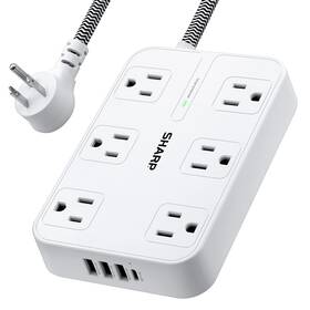 Sharp 049353009148 Surge Protector Power Strip - 6 Widely Spaced Outlets With 4 Usb Fast Charge