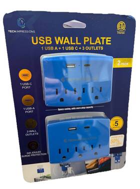 Tech Impressions 810108378082 Multi-outlet Wall Plug 3 Outlet 1 Usb-a Usb-c 5 Devices Surge Protector