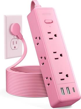 Technology Co. Ltd 445002931977 Pink Power Strip Surge Protector Flat Extension Cord 15ft 9 Outle
