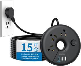 Technology Co. Ltd 711181984231 Extra Long Extension Cord 15 Ft Flat Plug Power Strip With 3 Outlets Usb Por