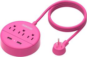 Osp-3a2u-us-pk-3m Technology Co. Ltd Pink Extension Cord 10 Ft Long Power Strip Flat Plug 3 Outlets 2 Usb Des