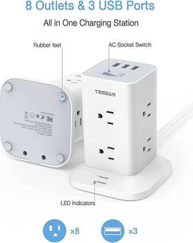 Tessan 008678634992 Power Strip Tower Surge Protector 6 Feet 1875w White