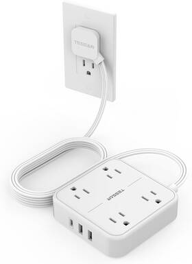 Tessan 445031713728 Flat Extension Cord 10 Ft Surge Protector Power Strip Feet With 4 Out