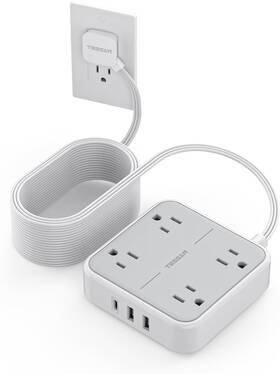 Tessan 726084971820 Flat Plug Long Extension Cord 25 Ft Power Strip Surge Protector With 4