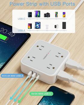 B0bzbx3mvk Tessan Surge Protector Power Strip 15ft Cord 8 Outlets 3 Usb Ports Flat Plug