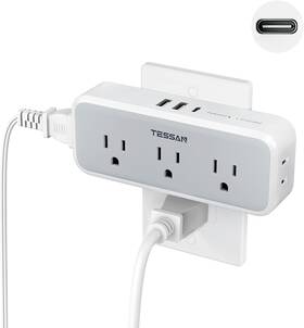 Bbgs-46 Tessan Multi Plug Outlet Extender Usb C Wall Charger 5 Outlets Gray In White