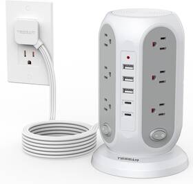 Gm-zhc413-gr Tessan Tower Power Strip With Individual Switches 12 Outlets 5 Usb Ports 2 C 10ft