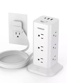 Tps04-us-c Tessan Power Strip Tower With Surge Protection Flat Plug 12 Outlets Usb Ports