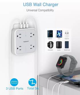 Ts-102-sg Tessan 3 Usb Power Strip With 4 Widely Outlets