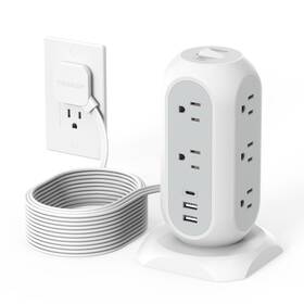 Tessan Ts-tps02-us-c-gre-a002 Tower Power Strip Flat Plug With 11 Outlets 3 Usb 1 15 Feet White