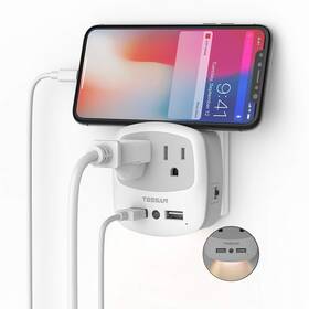 Ts-wm02 Tessan Double Power Outlet Expander With Dual Usb Wall Charger And Night Light