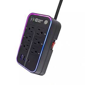 The Commercial Electric 744110110487 6 Ft. 6-outlet Rgb Gaming Surge Protector With 2 Usb-a And 1 Usb-c Black
