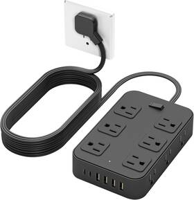 Tuojia 726084585249 Flat Plug Power Strip Surge Protector 5 Ft Extension Cord With 12 Ac Outlets