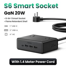 Ugreen Ugreen-ga-20w Gan 20w Power Strip 8 In 1 With 4 Ac Outlets And 3 Usb Ports