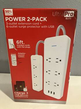 Ultra 030878774635 Pro Elite Power 2 Pack 3 Outlet Extension Cord 6 Surge Protector