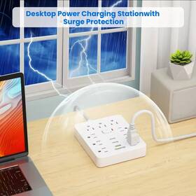 Ts-tpm06-c-bk Universal Power Strip With Surge Protector 9 Outlets 3 Usbports 5ft Extension Cord Quic