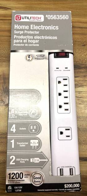Utilitech 054732820429 4ft 4-outlet 1200 Joules 1875-watt White Indoor Usb/ac Surge Protector