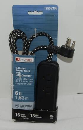 2503368 Utilitech 2 Outlet 6 Foot Power Strip Black Usb Charger Braided Cord
