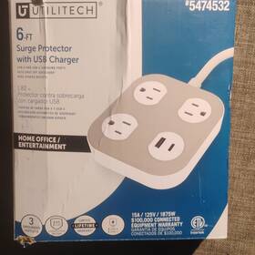 5474532 Utilitech 6-ft Surge Protector 3 Outlets Usb-c And Usb-a Ports Flat Plug 245j