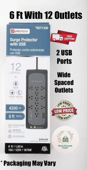 Utilitech 818897015188 6-ft 12-outlet 2-usb Ports Indoor Black Power Strip