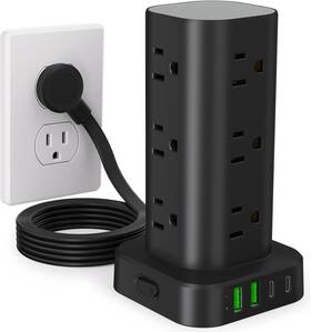 Hd-q16 Uwiwutei Power Strip Tower With 12 Ac Outlets 4 Usb Ports 6ft Cord Black