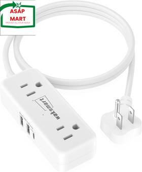 Waksmart 313050418498 Flat Plug Extension Cord 3 Feet With 4 Ac Outlets Usb Ports 5v/3.4a 17w Fla