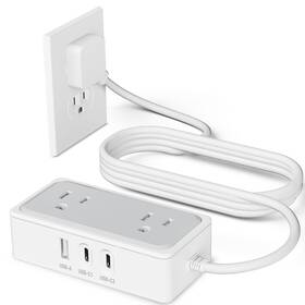 Wentong 767552925822 Flat Plug Power Strip 4ft Round Extension Cord - 2 Outlets 3 Usb Port C