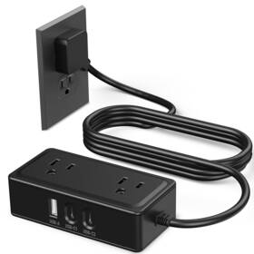 Wentong 767552925891 Flat Plug Power Strip 4ft Round Extension Cord - 2 Outlets 3 Usb Ports C