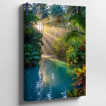 Wall Art Serene Tropical Rainforest Scene Dawn, Featuring Tall, Slender Palm. Fixed Price $45.90.