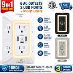 9-IN-1 Wall Outlet Extender Surge Protector Power Strip 6 Ac 3 Usb Night Light. Fixed Price $14.88.