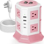 Nveeshox Surge Protector Power Strip Tower, 10 Ft, WHITE-PINK+4USB+6.5FT. Fixed Price $41.58.