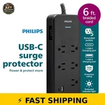 Philips 6FT 5-OUTLET Surge Protector With Usb Charging Black. Fixed Price $48.99.