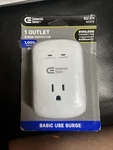 Commercial Electric 1-OUTLET Wall Mounted Surge Protector, White. Fixed Price $11.00.