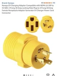 Kanayu Ev Charger Adapter Nema 6-50P To 14-50R 50A 3 Prong Power Cord. Fixed Price $15.00.