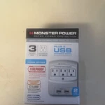 Monster 3 Outlet Surge Protector, 2 Usb Ports, Fireproof, Power Filtration, 540J. Fixed Price $10.88.